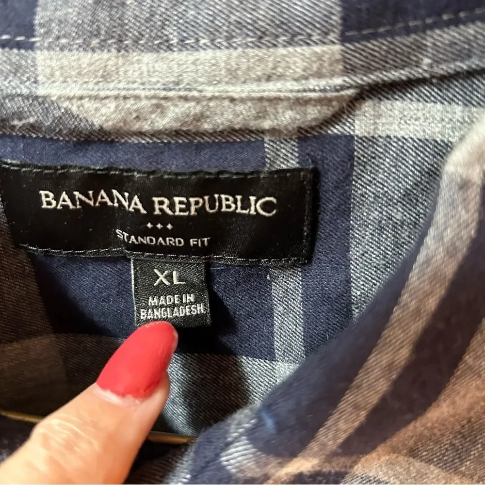 Banana Republic Cotton Blue Gray‎ Plaid Shirt XL